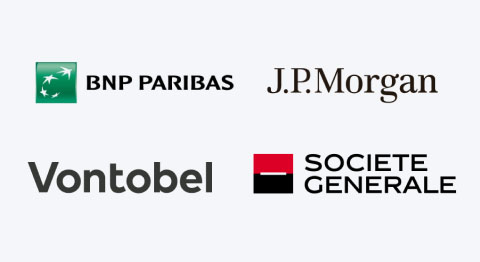 Logos von BNP Paribas, J.P. Morgan, Vontobel und Société Générale auf hellgrauem Hintergrund