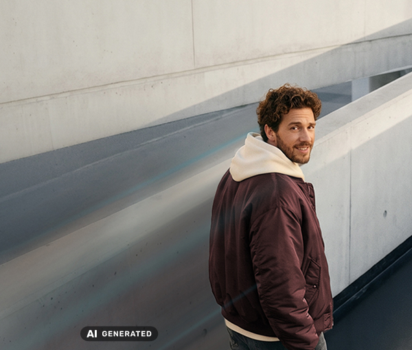 Mann mit Locken fährt die Rolltreppe hoch