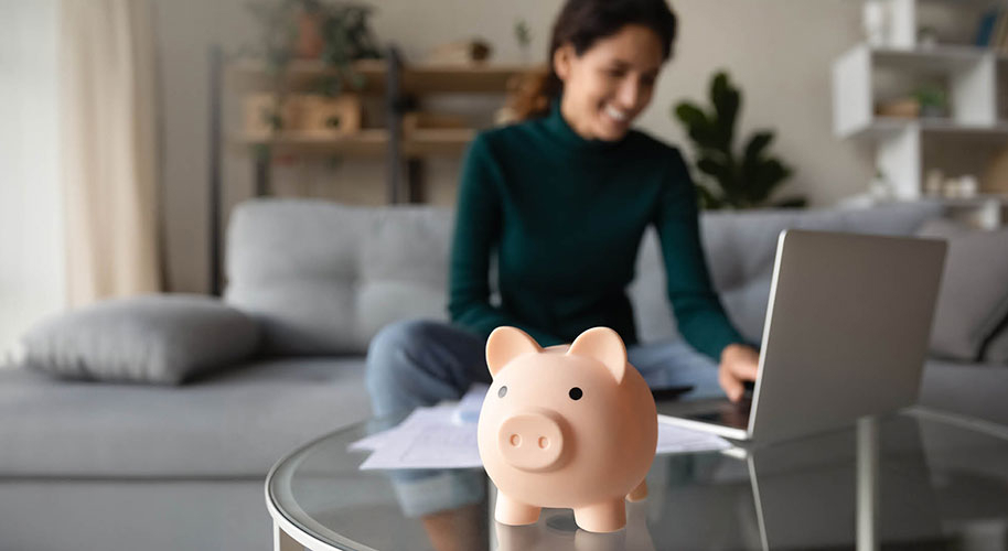 Sparschwein und im Hintergrund Frau am Notebook