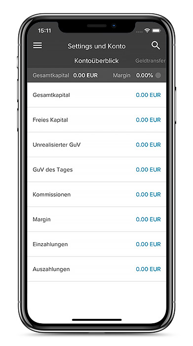 Smartphone mit Kontoüberblick in der CFD-App